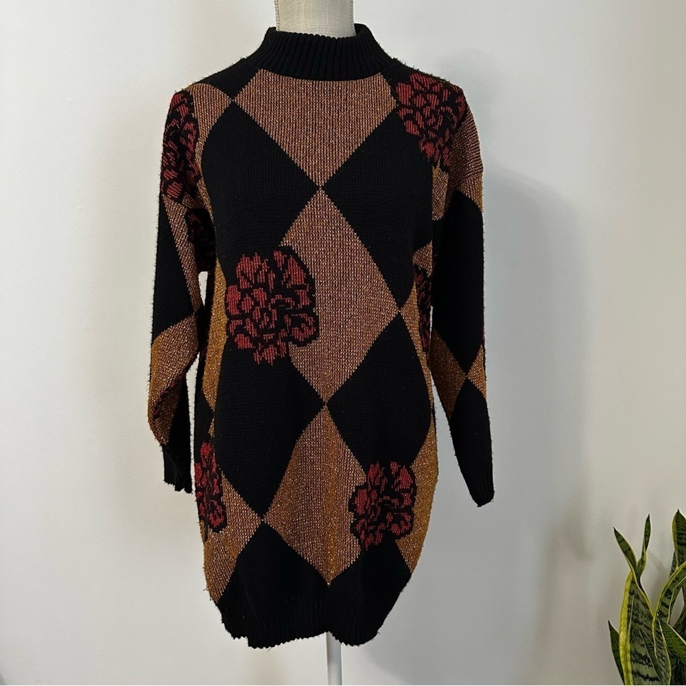 Vintage Dana Scott Sweater Black Gold Roses Long Sleeve Women’s Size Medium